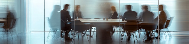 Licensed Corporate meeting room with a round table, blurred figures of business professionals engaged in discussion, contemporary interior design