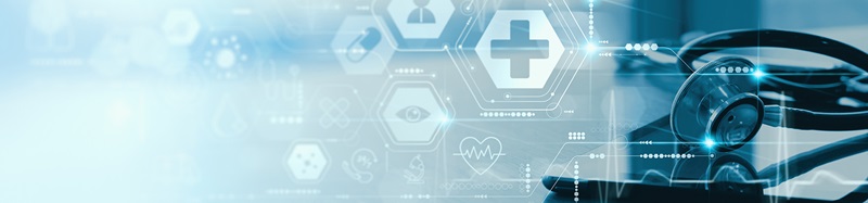 Close up of a stethoscope and digital tablet with virtual electronic medical record of patient on interface.Digital healthcare and network on modern virtual screen, DNA medical technology.