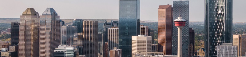 Aerial view of modern skyscrapers in Downtown Calgary, Alberta, Canada.