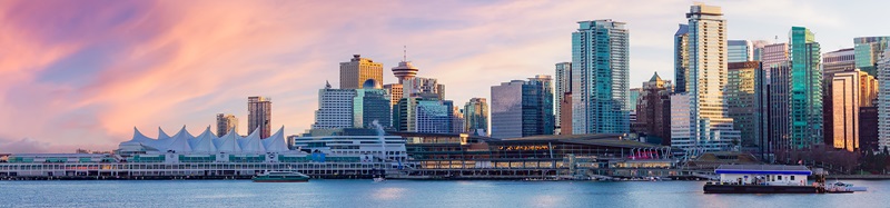 Downtown Vancouver Urban Building Skyline. Sunset Sky. Coal Harbour, Stanley Park, BC, Canada.