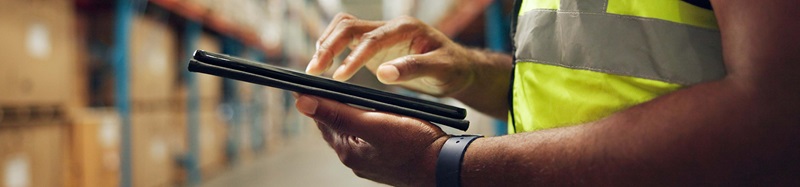 Hands, person and tablet at warehouse for distribution service, logistics checklist and package inventory.