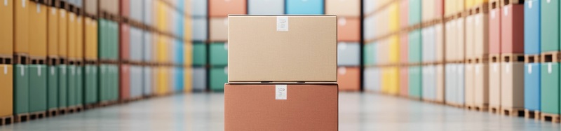 Neatly Arranged Warehouse Interior with Stacks of Vibrant Cardboard Boxes